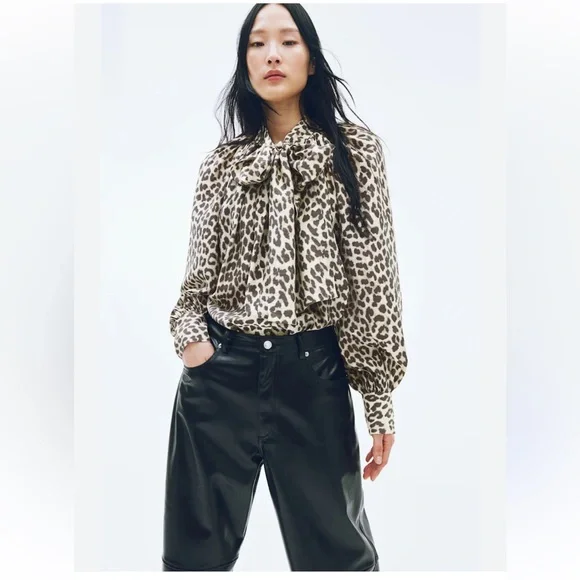 H&M Tops Hm Tieneck Blouse Leopard Printlight Beige Poshmark